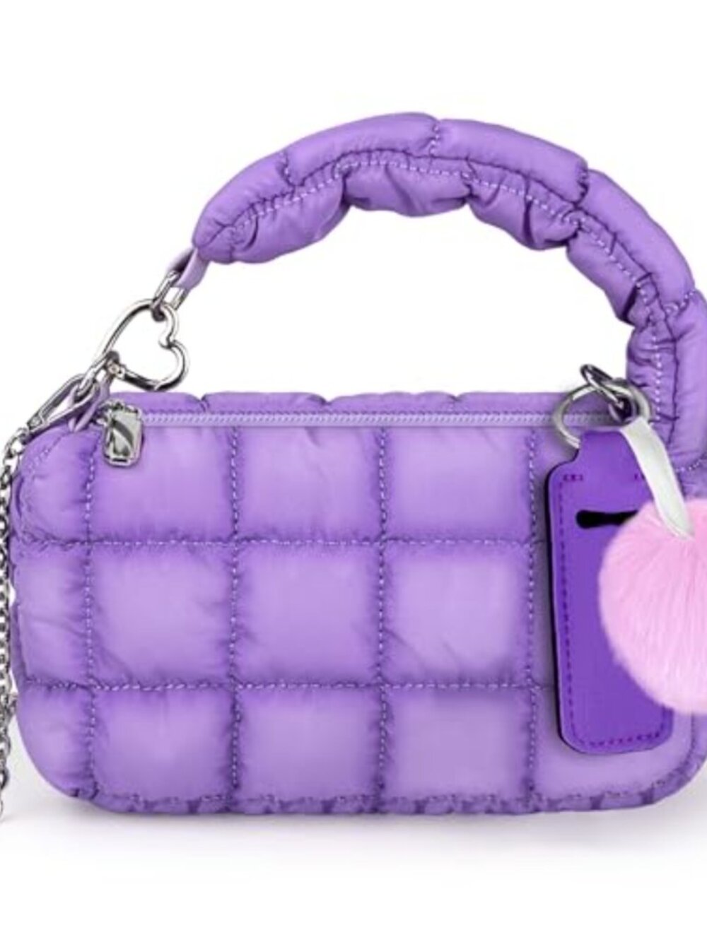 Quilted Puffer Wristlet Bag Set with Lipstick Holder & Plush Charm, Polyester